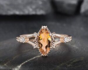 Marquise Cut Natural Citrine Rose Gold Plated On Silver Art Deco Engagement Ring