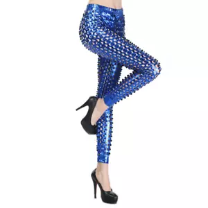 Women Wet Look Leggings Pants Trousers Metallic Ripped Shiny Dance Rock Club - Picture 1 of 13