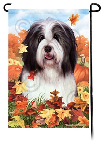 Falling Leaves Garden Flag - Black and White Bearded Collie - Picture 1 of 1