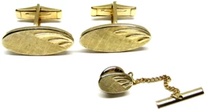 Cufflinks Tie Pin Set Retro Gold Brushed Raised Abstract Vintage Men Formal Wear - Picture 1 of 3