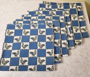 Vintage Waverly Blue Rooster Chicken Set 6 Cloth Napkins! 19"X19" Heavyweight L8 - Picture 1 of 5