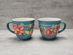 Pioneer Woman Vintage Floral Teal Coffee Mugs 16 Oz Stoneware Set Of Two 2 Pair  - Picture 1 of 6