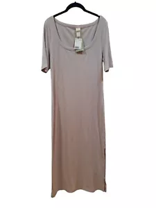 H&M Fitted Short-Sleeve Rib-Knit Midi Viscose Beige Dress Women's Size Small NEW - Picture 1 of 5