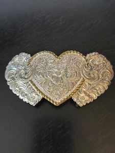 Vintage Collectible Crumrine Hearts Heavy Silver Plate over Bronze Belt Buckle - Picture 1 of 10