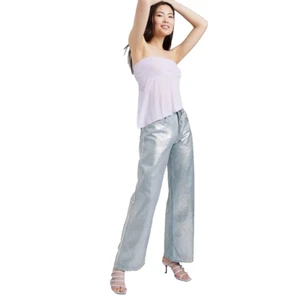 Jeans donna vita alta gamba larga rivestiti larghi larghi favola selvaggia argento metallizzato 00 - Foto 1 di 3