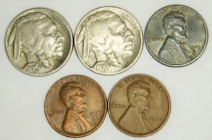 Buffalo Nickel, Steel Wheat, Lincoln Wheat gemischt - 5 Münzen Lot - Bild 1 von 2