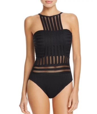 Kenneth Cole Tough 奢华高领连体泳衣黑色 S 码 1075 — 第 1/2 张图片