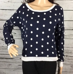 Polka Dot Sweater Large Navy Blue White Circles 100% Cotton Thin Knit Cropped - Picture 1 of 12