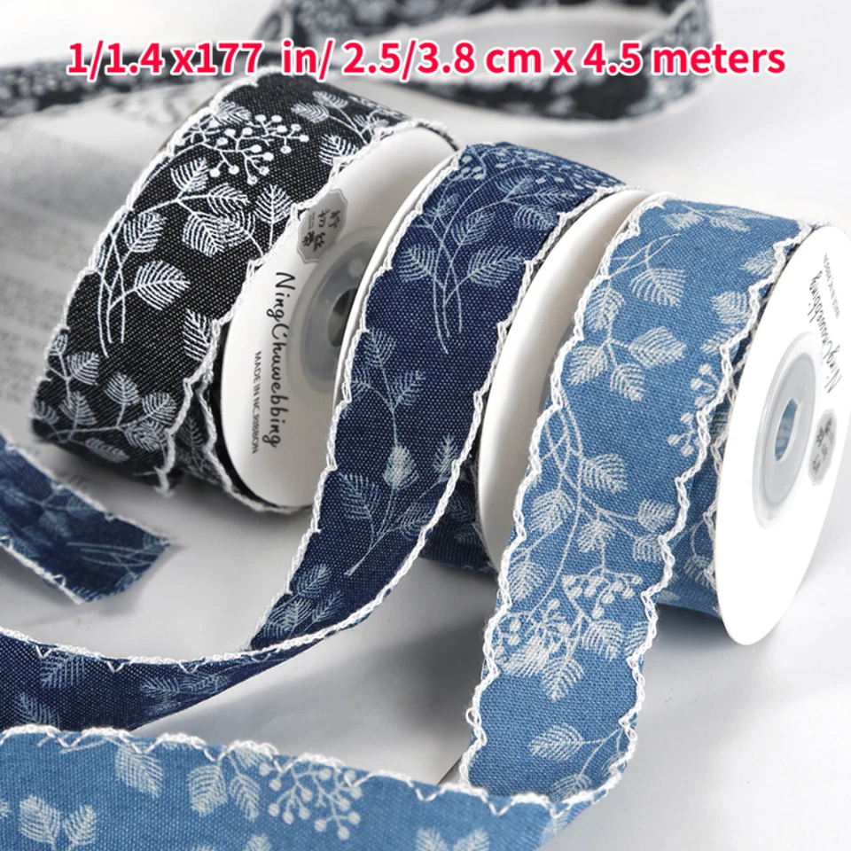Denim Floral Edging Ribbon Trimming Trims Sewing Printed Tape DIY Bias Retro - Image 1 of 4