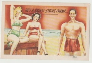 Comic, He's a Brest-Stroke Champ... Linen Postcard - Picture 1 of 2