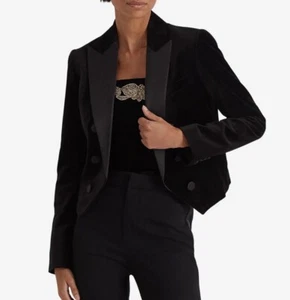 LAUREN RALPH LAUREN Damen Stretch Samt Cropped Blazer in Schwarz Gr. 14 Neu mit Etikett - Bild 1 von 12