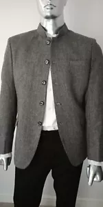 MEN'S WOOL HERRINGBONE TWEED BEATLES MANDARIN NEHRU GRAN-DAD COLLAR JACKET - Picture 1 of 10