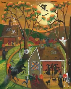OrIgInAl FoLk ART PaInTiNg PuMpKin HeAD HoRsEMaN WiTCh DeVIL BlaK GATTO MuMMy BaT - Foto 1 di 9