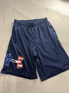UNDER ARMOUR HEAT GEAR ATHLETIC SHORTS BLUE USA LOGO MENS SZ S DRAWSTRINGS POCK - Picture 1 of 10