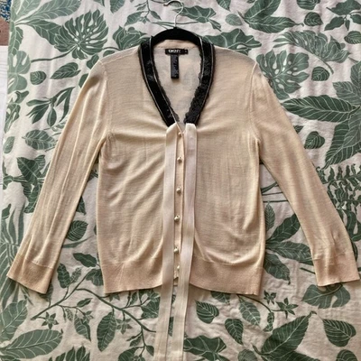 dkny Ropa Mujer Cárdigan Seda Pequeño Lentejuelas Cuello Gasa Recorte Foto 1 de 4