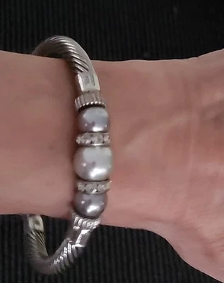 "Pulsera cadena cable tono plateado bola cristal adornado elástico tamaño 7 1/4""" Foto 1 de 4