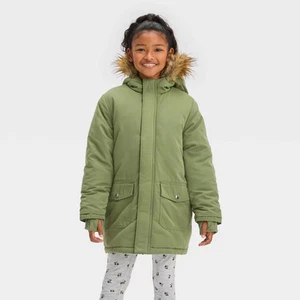 Girls' Solid Parka Jacket - Cat & Jack Olive Green S - Picture 1 of 3