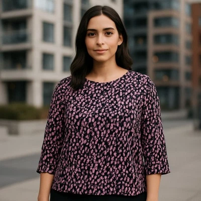 Blusa Dana Buchman Rosa y Negra Estampado Abstracto Manga 3/4 Expuesta Cremallera Trasera L Foto 1 de 4