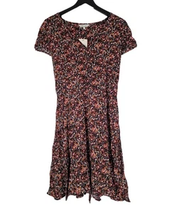 Peacocks Summer Dress Size 14 Black Orange Floral Short Sleeve Knee Length - Picture 1 of 17