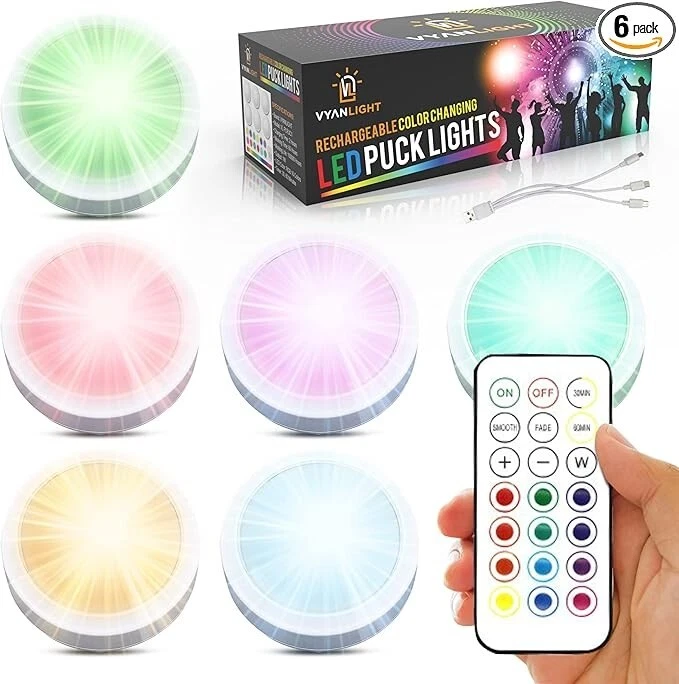 VYANLIGHT LED Puck Lights 16 Colors w/ Remote - Rechargeable Under Cabinet - Image 1 of 4