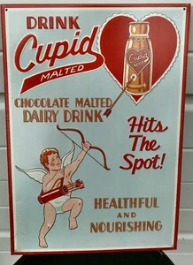 Drink Cupid Choc Malted Dairy Hits the Spot 27 yrs old RARE metal Sign Valentine - Picture 1 of 3