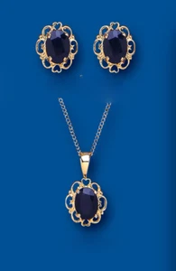 Sapphire Set Yellow Gold Pendant and Earrings Solitaire Stud - Picture 1 of 3