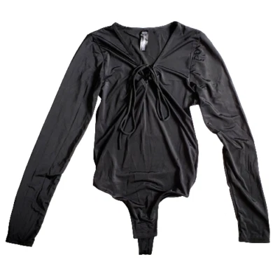 Rene Rofe Bodysuit Womens Small Black Laced-up Sexy Long Sleeve Snaps V Neck - Image 1 of 4