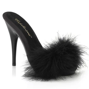 Black Satin Feathers 1950s High Heels Mens Drag Queen Shoes in Large Womans Size - Picture 1 of 9