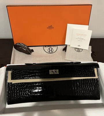 Bolso sin asas Hermes negro brillante cocodrilo poroso corte Kelly Nuevo en caja Foto 1 de 4