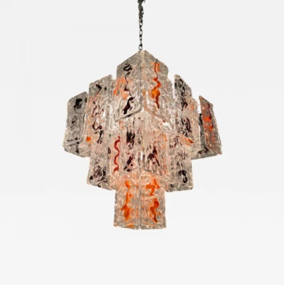 Lámpara de araña de vidrio artístico transparente, ciruela y naranja Carlo Nason de Mazzega, 1960, Italia Foto 1 de 4