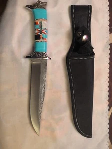 Hand-Made Zuni Turquoise Inlay Damascus Steel Knife with Sheath - Picture 1 of 7