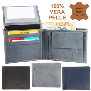 PORTAFOGLIO UOMO ORIZZONTALE CARTE MONETE DOCUMENTI IN VERA PELLE 100% 12x10 CM - Foto 1 di 12