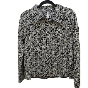 Hannah Andersson Rose Print Button Down Long Sleeve Top Black White Women sz 14 - Picture 1 of 9