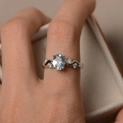 1.37 Ct Oval Cut Real Aquamarine & Diamond Engagement Ring 14K Solid White Gold - Image 1 of 4