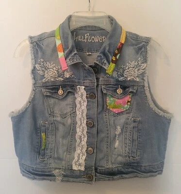 Demin Upcycled Blue Jean Vest embellished with Quilt, grunge & lace YOUTH XLARGE - Image 1 of 4
