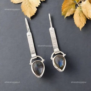925 Sterling Silver Natural Labradorite Memorial Day Dangling Ethnic Earrings - Picture 1 of 7