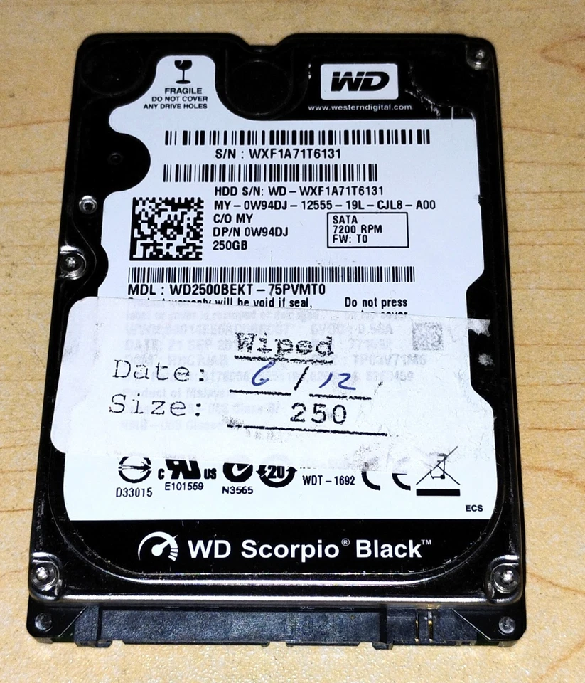 Western Digital Scorpio Black Laptop Thin 2.5" laptop HDD - 250GB! - Image 1 of 1