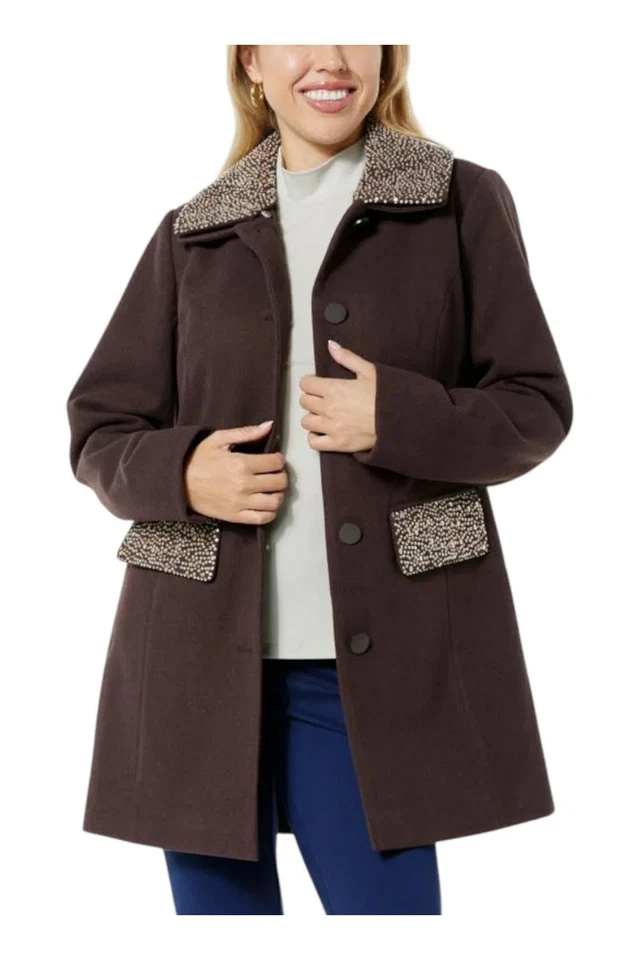 Abrigo para mujer Colleen Lopez imitación lana detalle cuentas marrón Foto 1 de 1