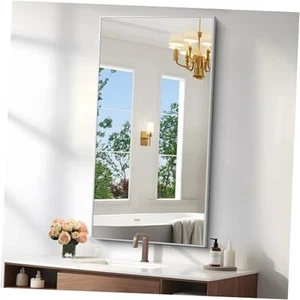 24x48 Inch Large Silver Wall Mounted Mirror,Brushed Nickel Framed Rectangular - Picture 1 of 8