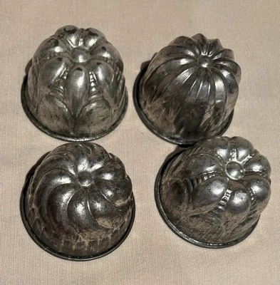 4 moldes de postre vintage lavados con zinc Bundt gelatina tarta pastel cabeza de turco ¿antiguos? Foto 1 de 4