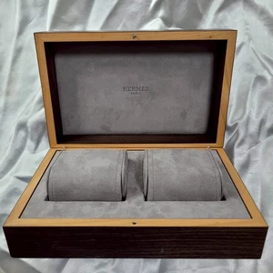 Rare Genuine HERMES Watch Box 2 Slot Wooden Box And Time Calendar adjustment pin - Picture 1 of 24
