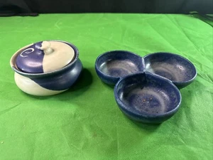 Handmade Pottery Dish Set – Lidded Jar and Triple Bowl in Blue Glaze - Picture 1 of 12