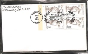 US SC # 3087 Centennial Olympic Games FDC. BLK4.  No Cachet  - Picture 1 of 1