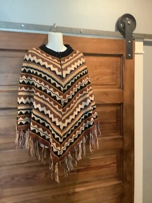 Suéter asteca vintage anos 70 malha franja poncho xale marrom hippie boho capa - Imagem 1 de 4