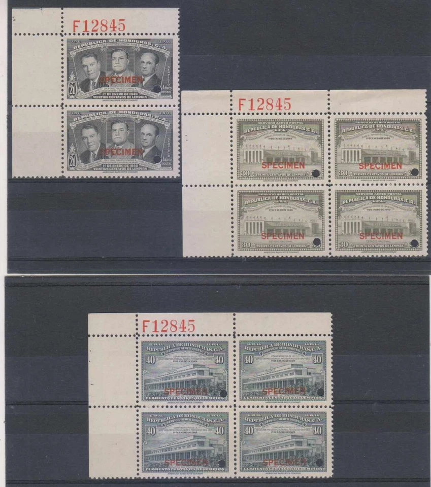 HONDURAS 1949 Sc C175-C177 PL# "F12845" PAIR & BLSx4 PERF PROOFS "SPECIMEN" MNH - Image 1 of 1