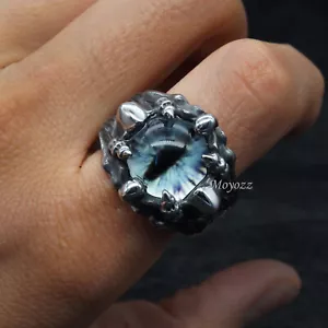 Cool Mens Stainless Steel Dragon Claw Blue Evil Eye Eyeball Ring Size 7-15 Gift - Picture 1 of 7