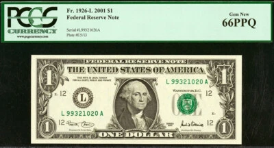 2001 $1 Federal Reserve Note PCGS 66PPQ Gem-New Fr 1926-L - Image 1 of 3