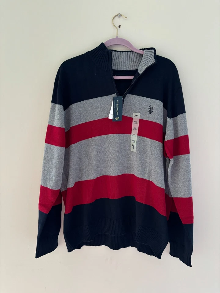  (Elige talla y color) Nuevo con etiquetas EE. UU. Polo Assn. Suéter de punto a rayas con cremallera 1/4 Foto 1 de 1