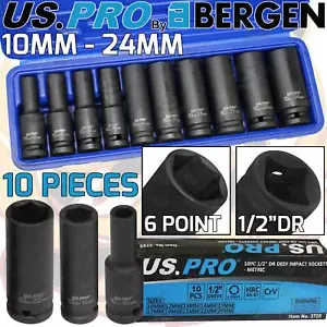 US PRO DEEP IMPACT SOCKET Set 1/2"Dr 10pc 10mm-24mm 6pt Hex Long Reach Sockets - Picture 1 of 6
