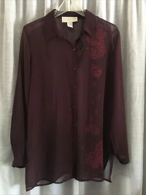 Norton McNaughton 勃艮第佩斯利透明透明纽扣上衣,尺寸 S — 第 1/4 张图片